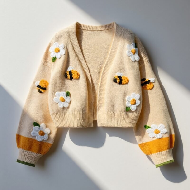 3abc24390946b3f15ff07fa0240fd75f.jpg Women's Bee Flower Embroidered Cardigan Sweater Coat