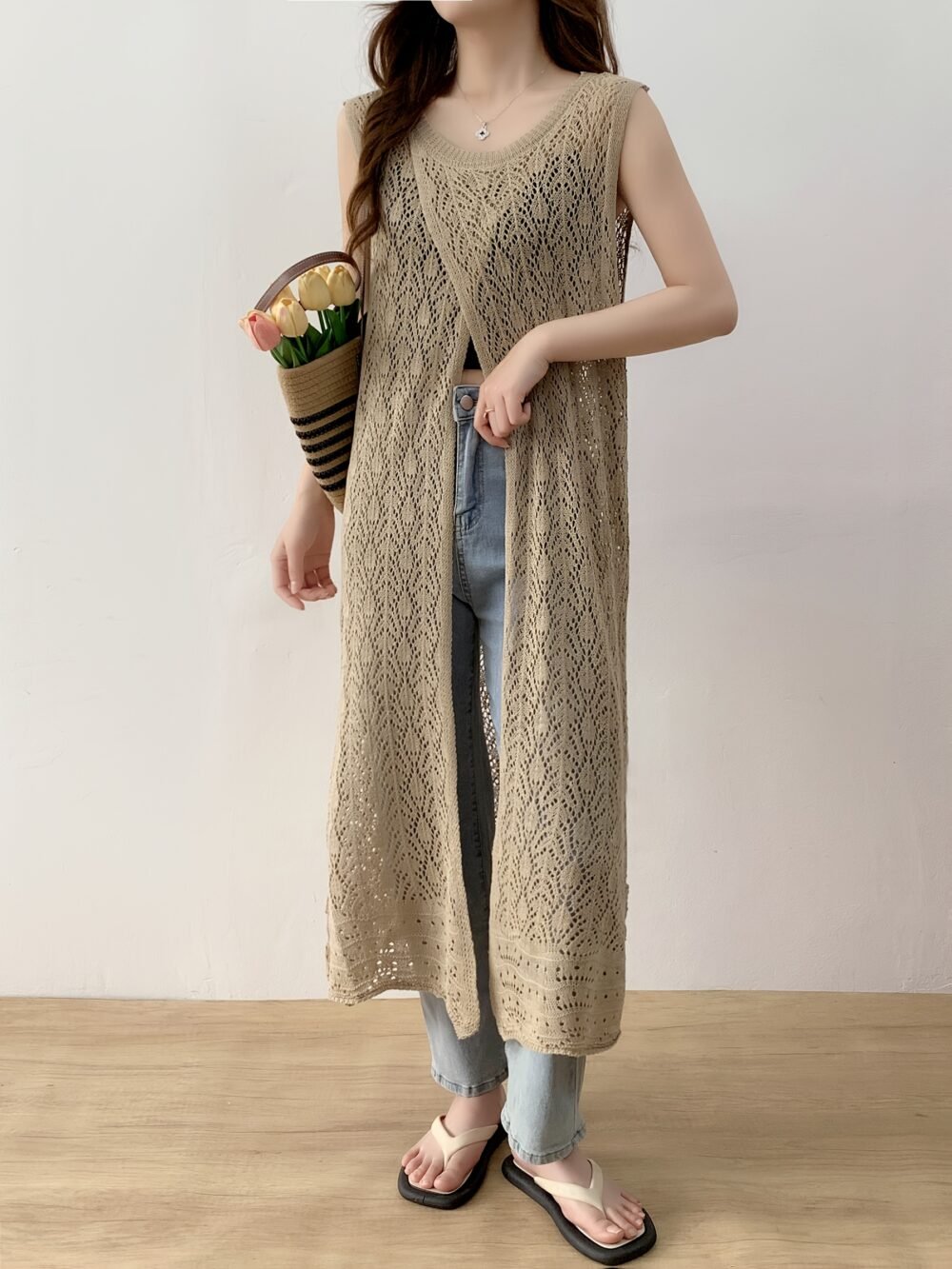 Women's Hollow Embroidery Hooded Cover-Up Vest Dress – Khaki