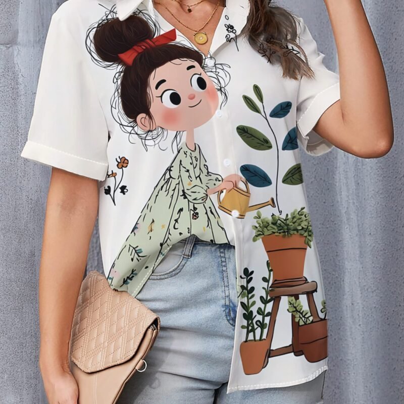 Women's Floral Garden Print Button-Up Short Sleeve Shirt