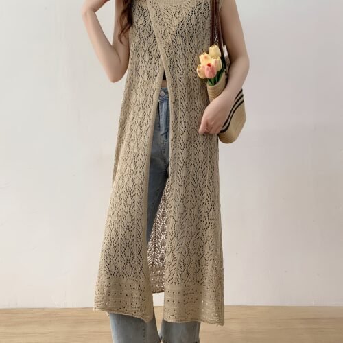 Women's Hollow Embroidery Hooded Cover-Up Vest Dress – Khaki