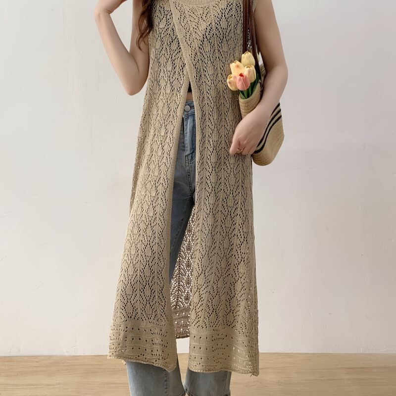 Women's Hollow Embroidery Hooded Cover-Up Vest Dress – Khaki