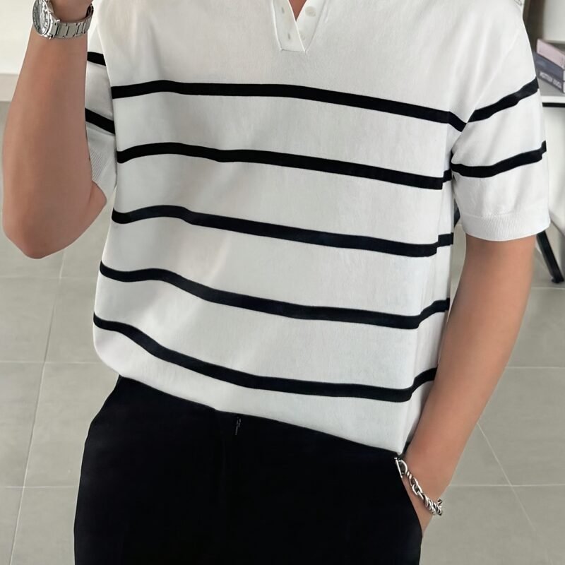 Men's Business Casual Striped Knit Polo T-Shirt with Contrast Collar