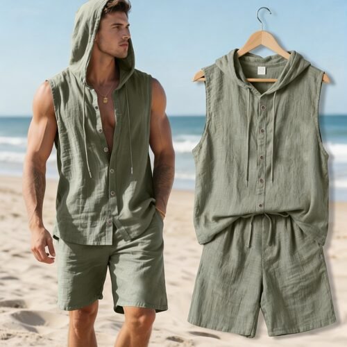 Men's Hooded Sleeveless Button-Up Shirt & Drawstring Shorts Linen 2-Piece Set