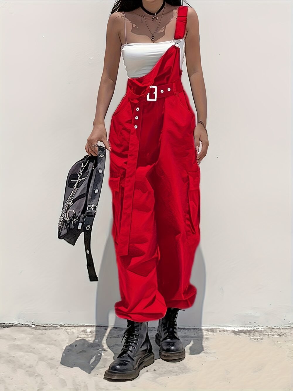 Women's Fashion Cargo Pants with Belt, Pockets & Suspender Details