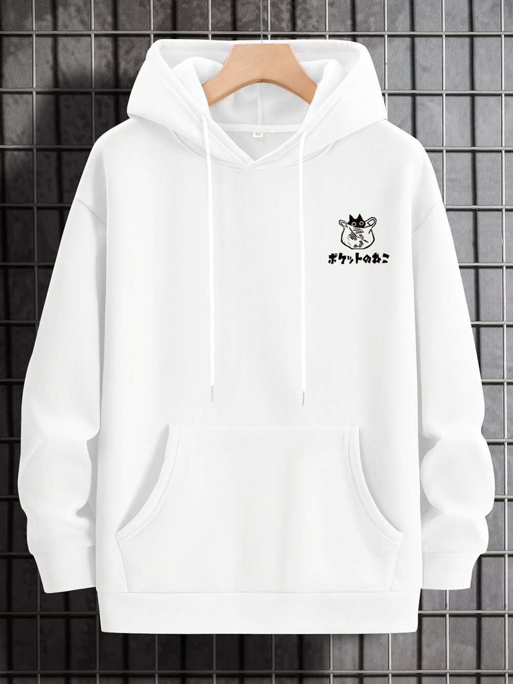 Men's Minimalist Kitten Print Hooded Sweatshirt with Pocket
