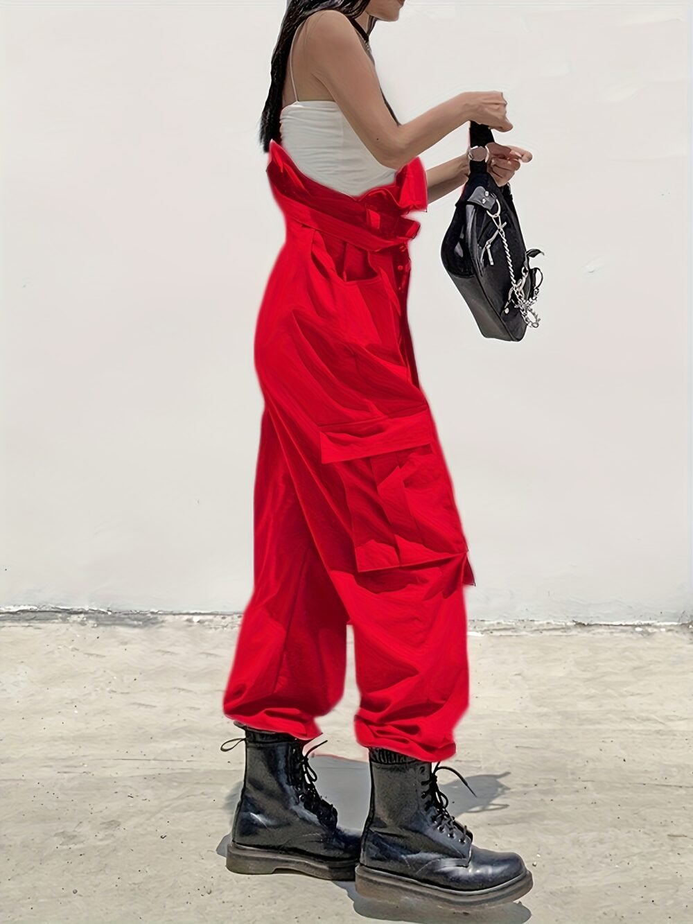 Women's Fashion Cargo Pants with Belt, Pockets & Suspender Details