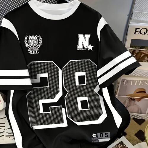 Men's Graphic T-Shirt Black/White/Gray Block Color with Bold '28' Number