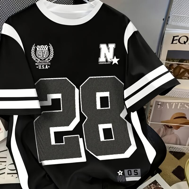 9dec235f-c40b-4f28-bd52-ce91d6f6c3eb.jpg Men's Graphic T-Shirt Black/White/Gray Block Color with Bold '28' Number