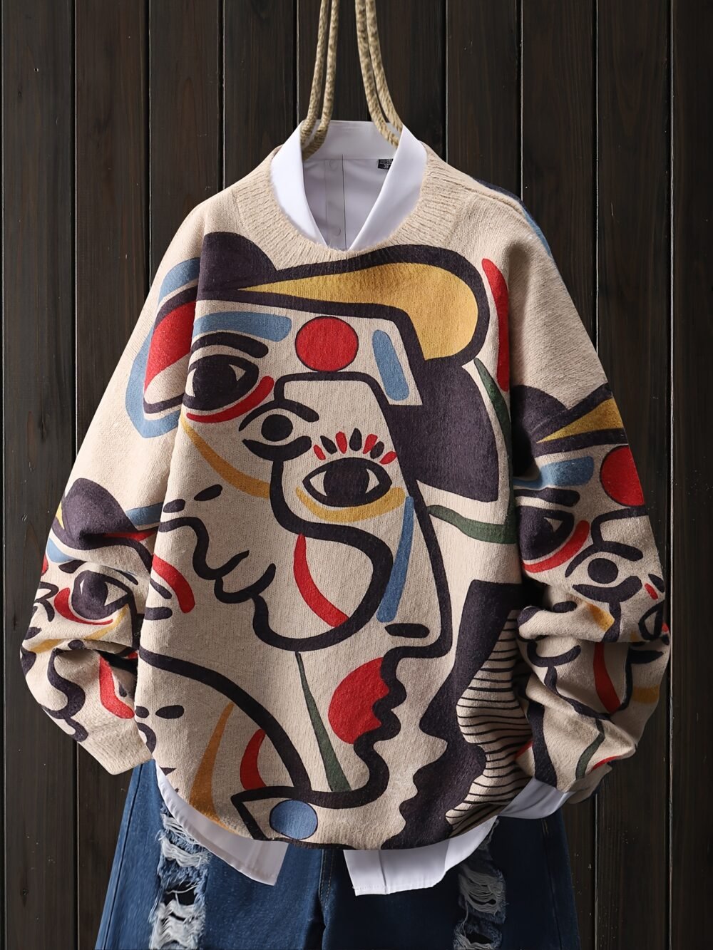 Women's Line Art Face Print Long Sleeve Pullover Top