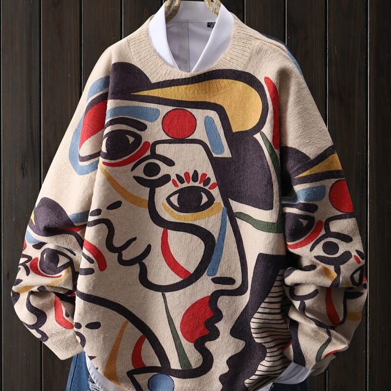 Women's Line Art Face Print Long Sleeve Pullover Top