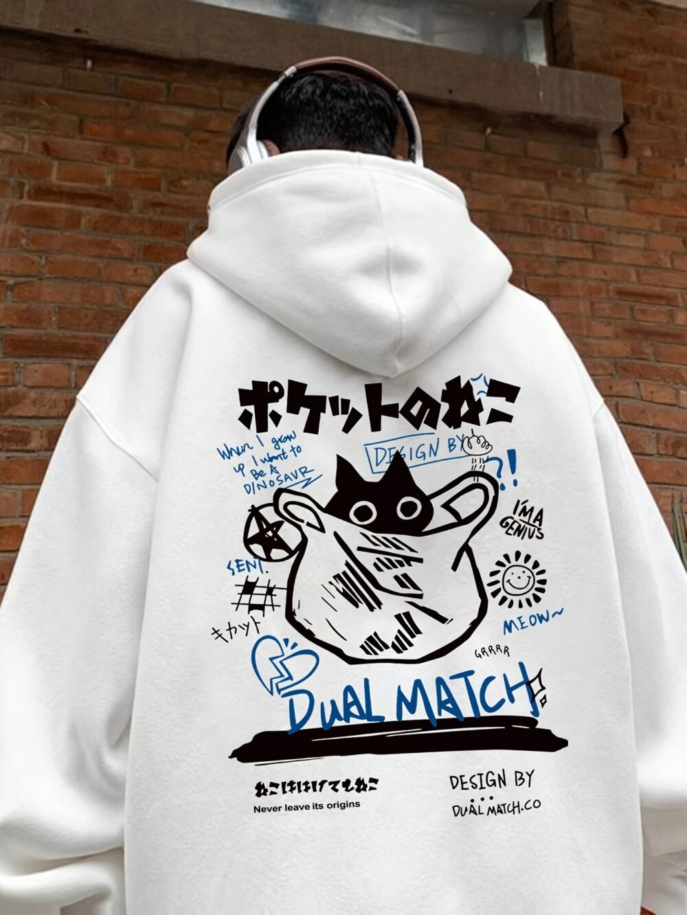 Men's Minimalist Kitten Print Hooded Sweatshirt with Pocket