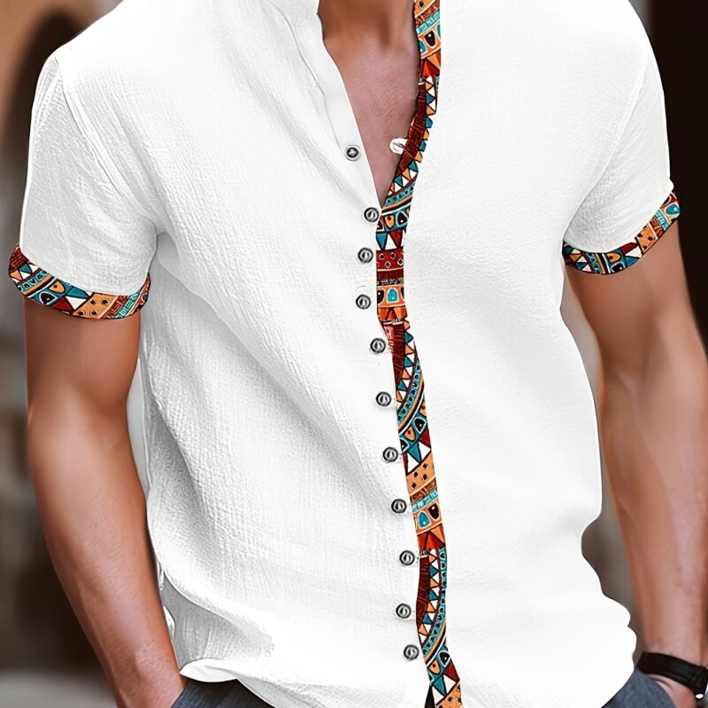 ba0aa112-a537-4854-bb43-623189ea0747.jpg Men's Ethnic Style Contrast Patchwork Stand Collar Short Sleeve Shirt