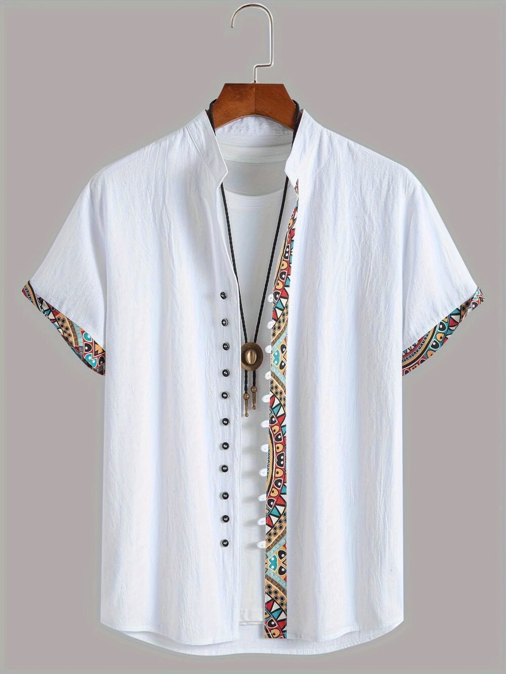 c320f111-5c6b-4f79-b932-88afdd07a758.jpg Men's Ethnic Style Contrast Patchwork Stand Collar Short Sleeve Shirt