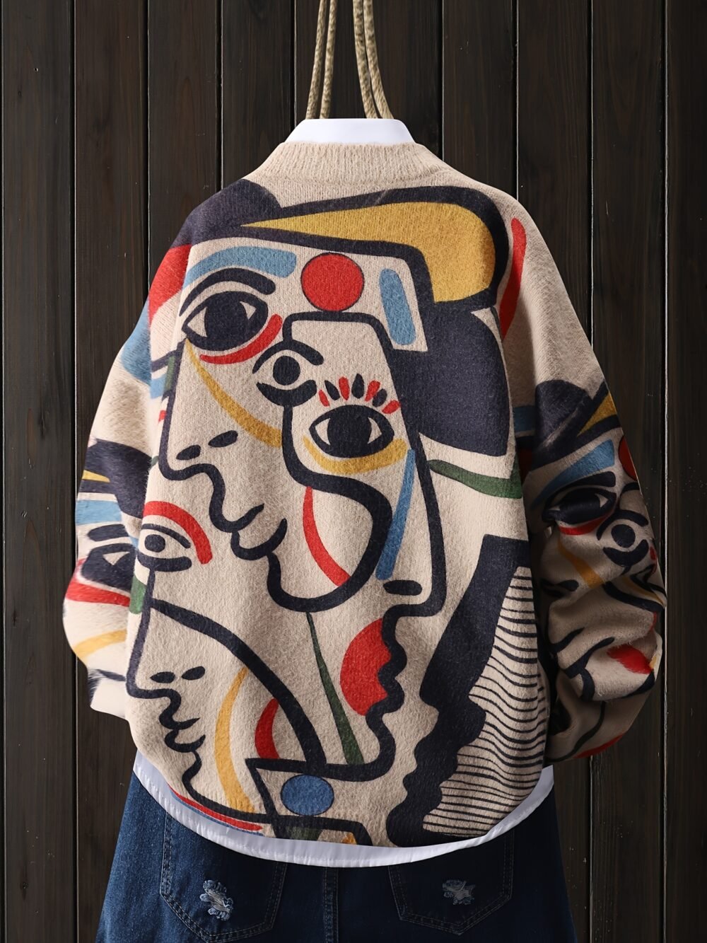 Women's Line Art Face Print Long Sleeve Pullover Top