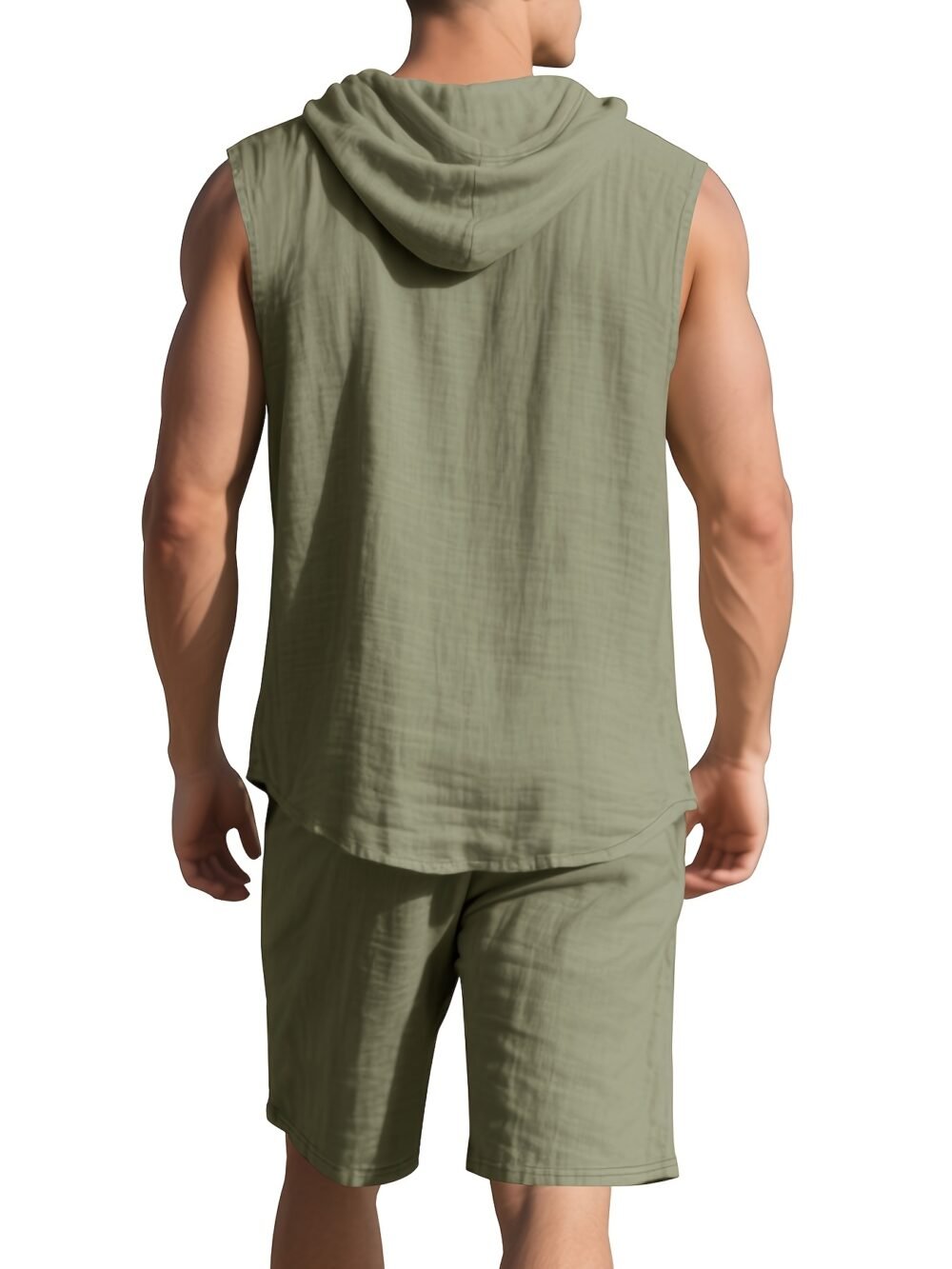 Men's Hooded Sleeveless Button-Up Shirt & Drawstring Shorts Linen 2-Piece Set