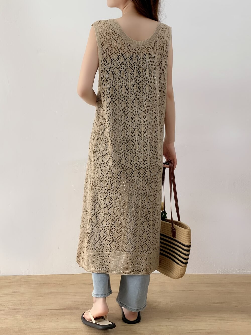 Women's Hollow Embroidery Hooded Cover-Up Vest Dress – Khaki