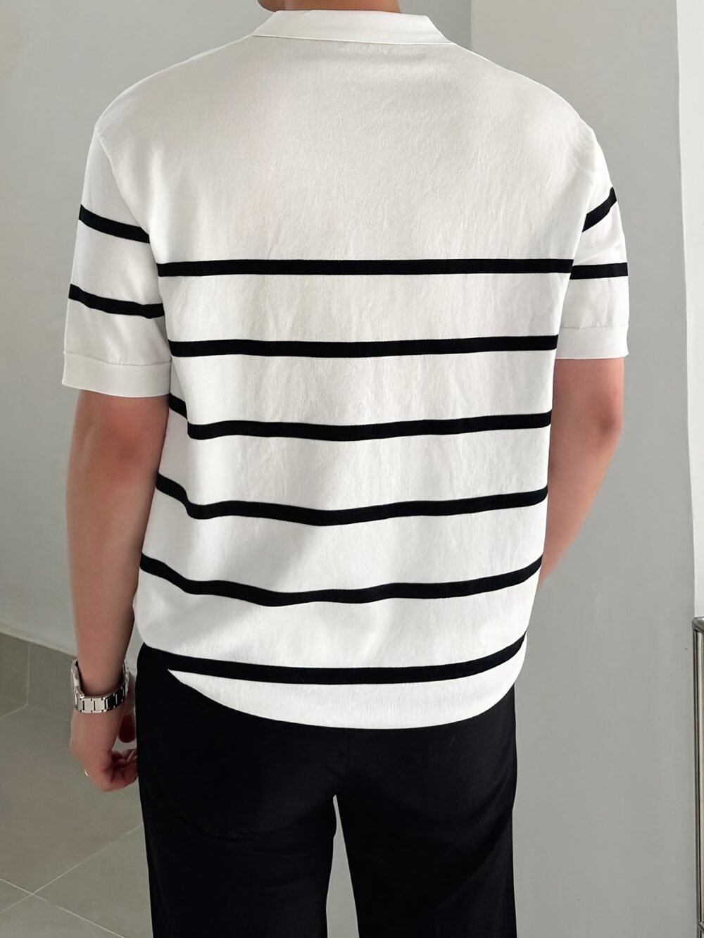 f519d886-c27a-4447-ae17-5a73625d7ede.jpg Men's Business Casual Striped Knit Polo T-Shirt with Contrast Collar