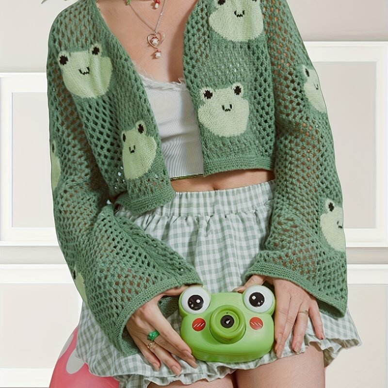 Women's Elegant Hollow-Out Frog Jacquard Cardigan